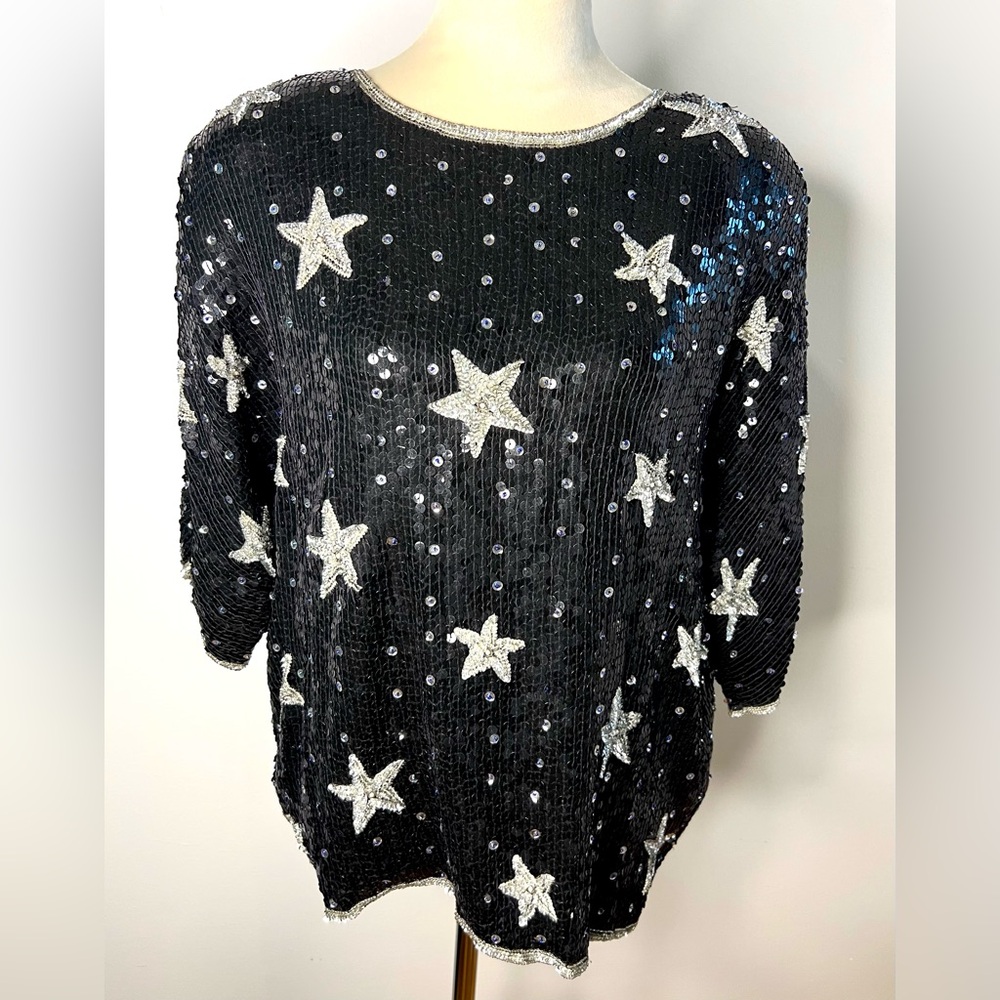 Carolyne Barton Vintage Black Sequin Star Top Blouse Silk SZ XL EUC